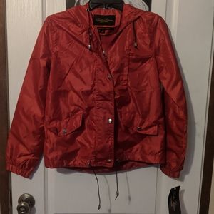 Bella Donna Red Hooded Rain Coat Utility Jacket Windbreaker Zip & Buttons Small